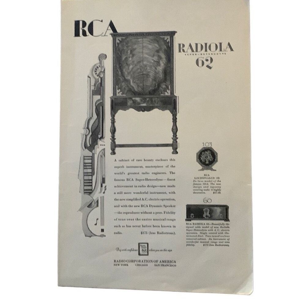 Vintage 1928 RCA Radiola 62 Radio Corporation of America Ad Advertisment
